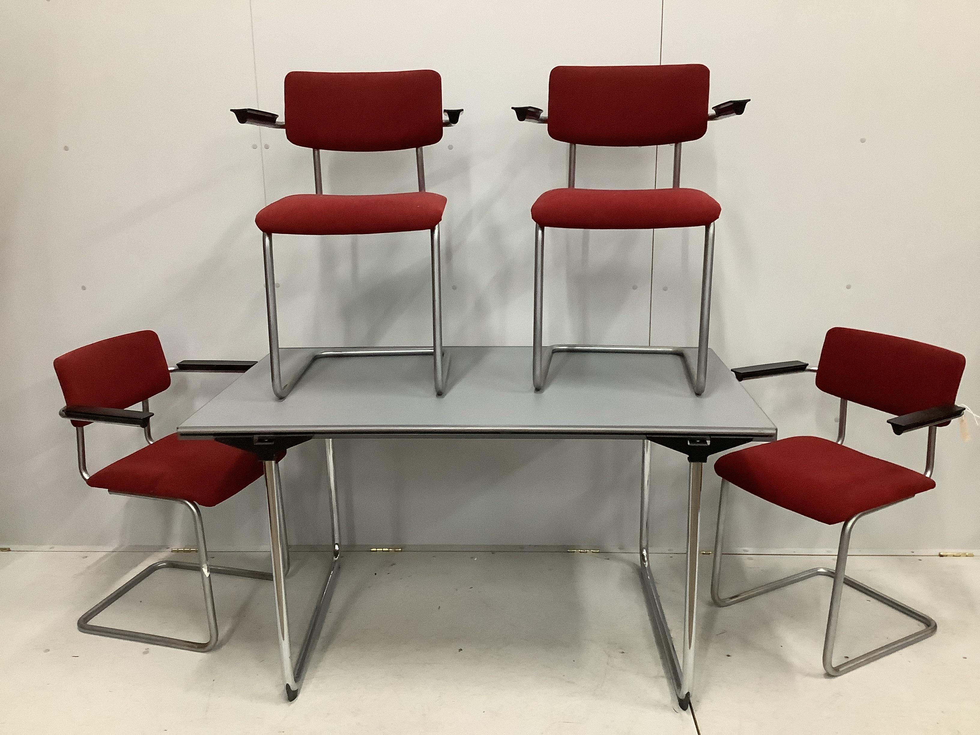 Erik Magnussen for Fritz Hansen - A rectangular dining table circa 1994, width 135cm, depth 80cm, height 75cm and four cantilever chairs in the manner of Marcel Breuer